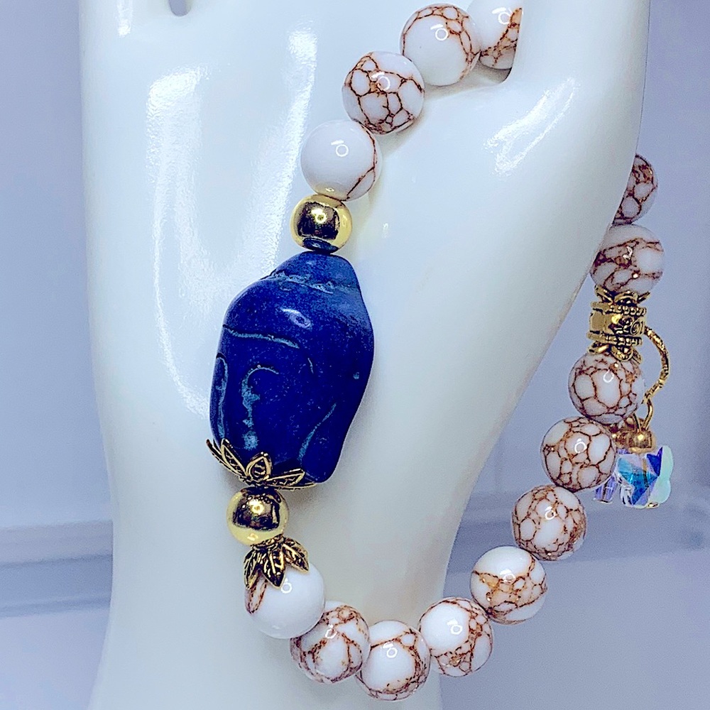 GOLD SPUN HOWLITE + BUDDHAS HEAD STONES NATURAL BRACELET Size 7”
